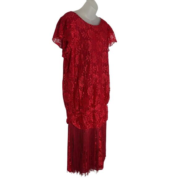 Vintage 80s Does 20s Fringe Lace Flapper Gatsby Costume Party Red Dress L/XL - Picture 3 of 8